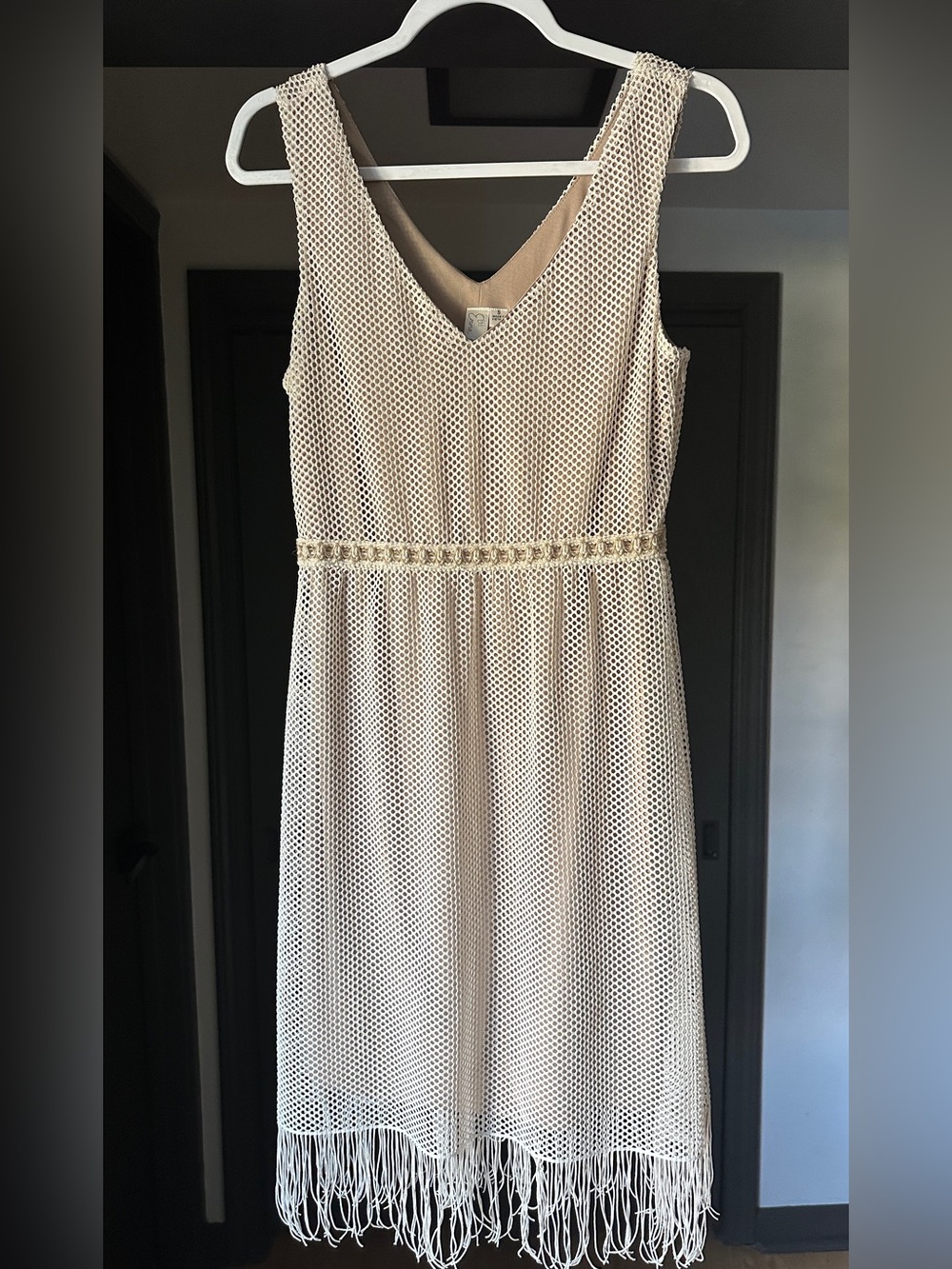 Emma & Michele Cream/Beige Crocheted Midi Dress with Fringe Bottom Size Small